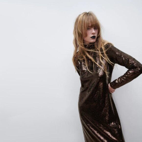 NWT Zara brown sequin long sleeve knit midi holiday dress, S - Picture 2 of 16